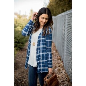 Betsey's Boutique Blue Plaid Open Front Cardigan - L